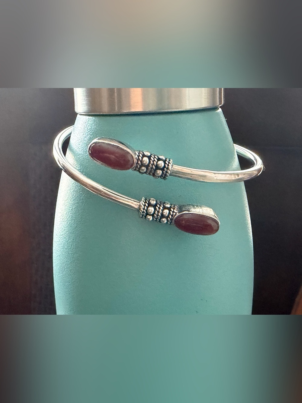 Sterling Silver Open Cuff Bracelet with Maroon Stone Accents